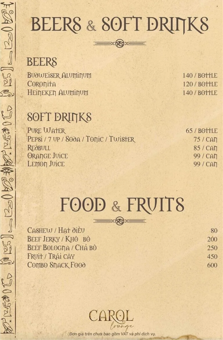 Menu Carol Lounge Đà Nẵng