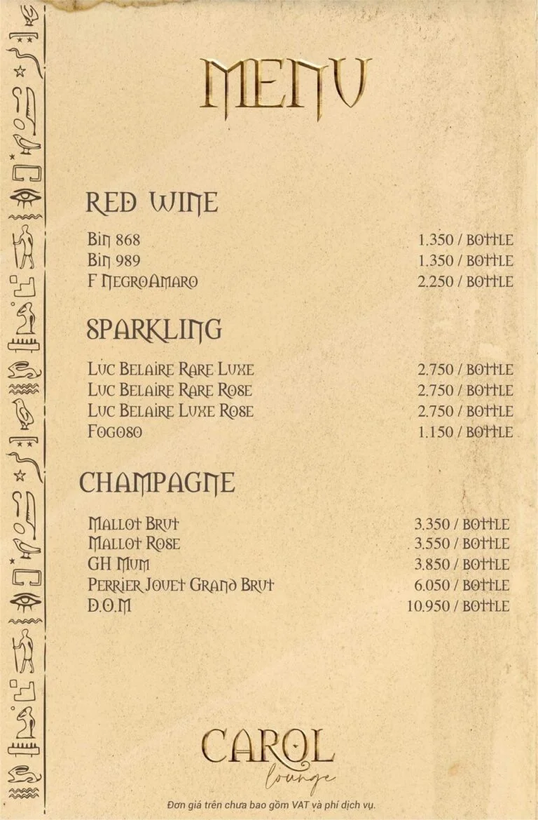 Menu Carol Lounge Đà Nẵng