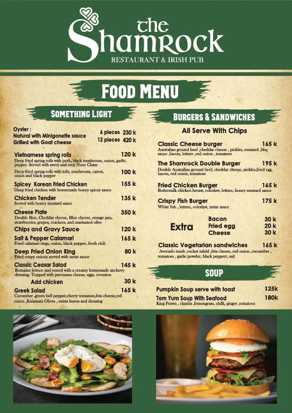 Menu The Shamrock Irish Pub Đà Nẵng