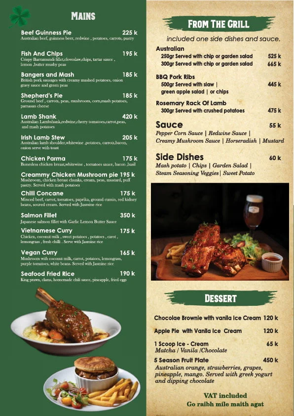 Menu The Shamrock Irish Pub Đà Nẵng