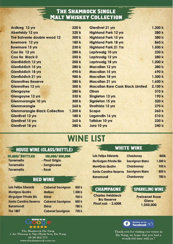 Menu The Shamrock Irish Pub Đà Nẵng