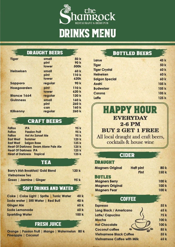 Menu The Shamrock Irish Pub Đà Nẵng