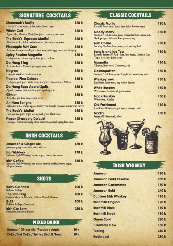 Menu The Shamrock Irish Pub Đà Nẵng